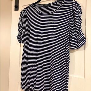 Gibson Look Black & White Striped Crewneck Women's Top /ruched sleeves